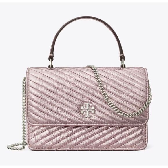TORY BURCH MINI KIRA MOTO QUILT METALLIC TOP-HANDLE CROSSBODY, SPARKLE PINK - Picture 9 of 12